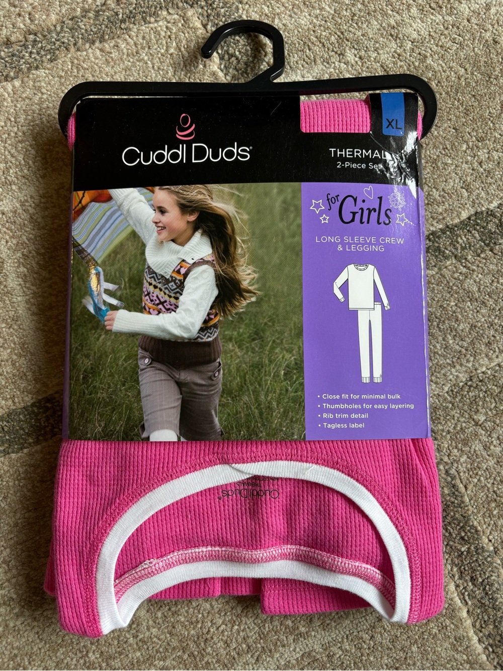 Cuddl Duds Girls Thermal Layers 2-Piece Set Pink long sleeve crew and leggings
